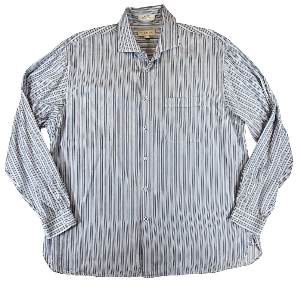 John W. Nordstrom Mens XL Blue Striped Button Down Shirt Italian Fabric‎ Cotton